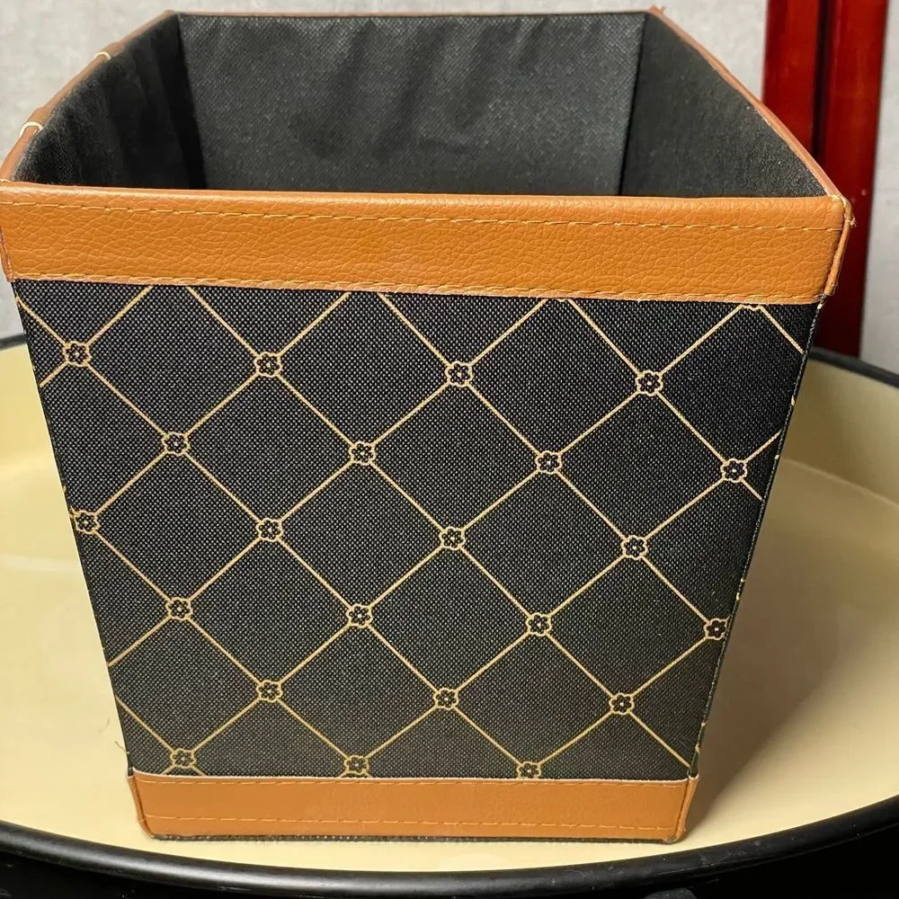 Elegant Black Fabric Storage Bin w/Brown Faux Leather Accents & Monogram Print